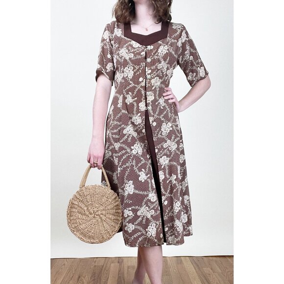 Vintage VS Country Authentic Floral Fit & Flare Button Up Cottagecore Midi Dress - Picture 3 of 5